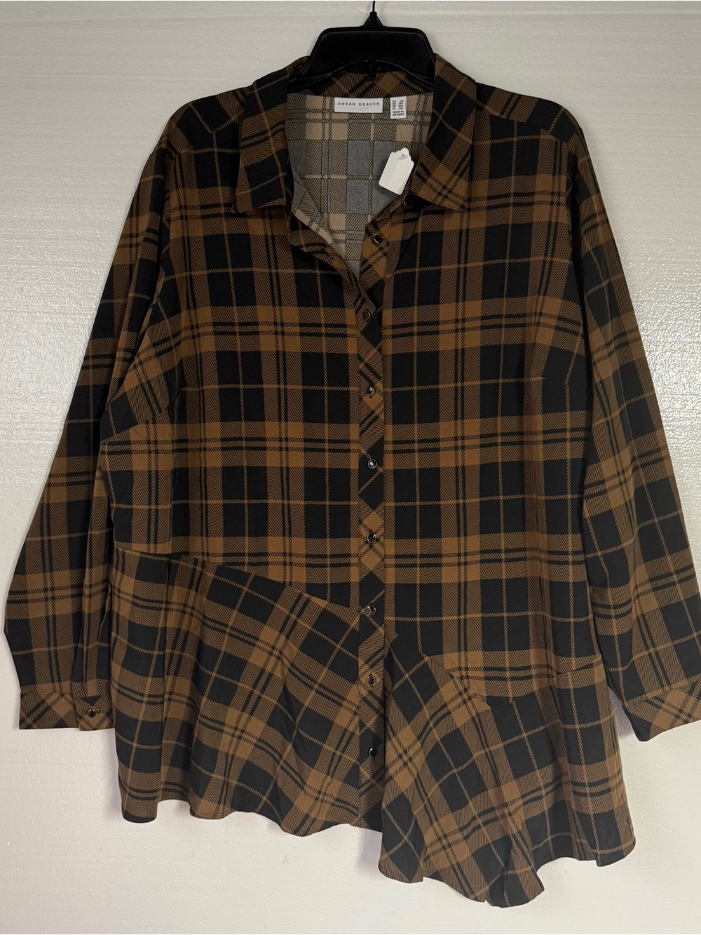 Susan Graver Women 2X Brown Black Plaid Button Front Tunic Flowy Asymmetrical